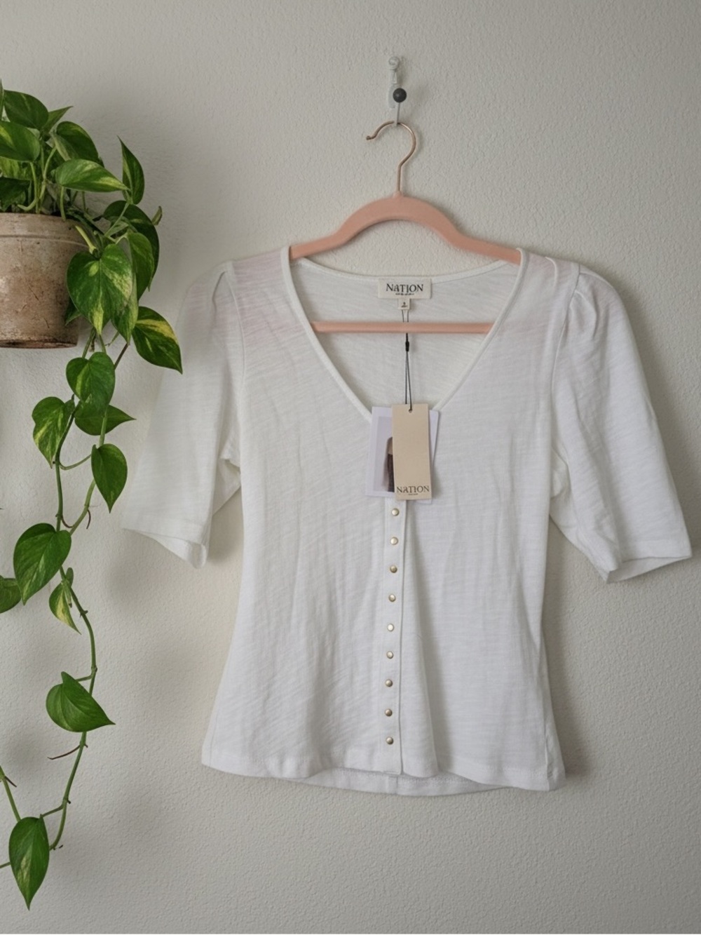 NWT Nation LA/ Anthropologie White Snap-Front Cotton Blouse – S- MSRP $138